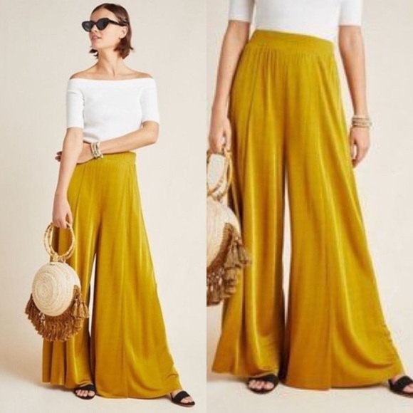 Anthro Maeve Shiloh Boho Retro Wide-Leg Pants Flowy Chartreuse Size Small